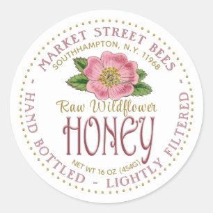 Raw Wildflower Honey Label Wild Pink Rose Flower