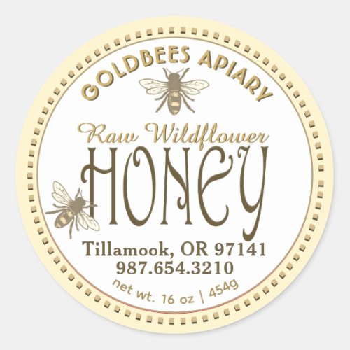 Raw Wildflower Honey with Honeybees Dotted Border  Classic Round Sticker