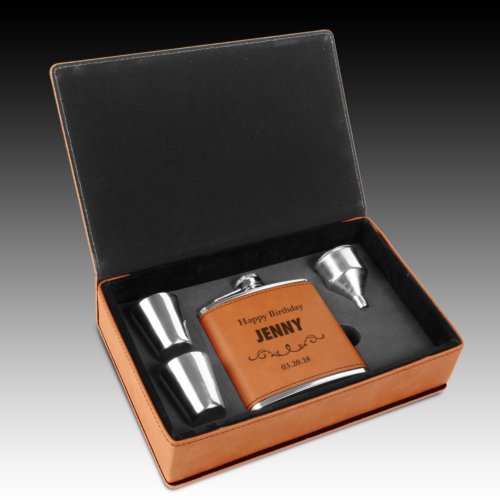 Rawhide Brown Leatherette Engraved Flask Gift Set