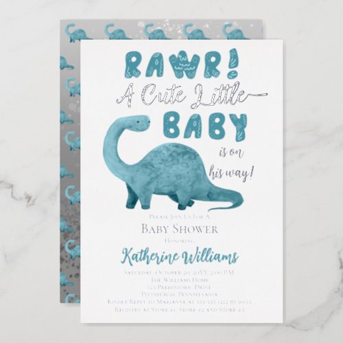 Rawr A Cute Little Baby On The Way Dinosaur Shower Foil Invitation