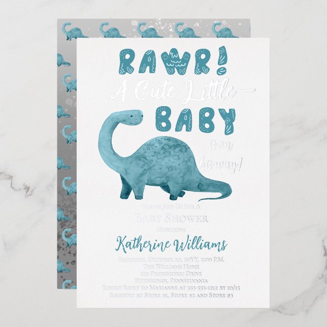 Rawr A Cute Little Baby On The Way Dinosaur Shower Foil Invitation (Front/Back)