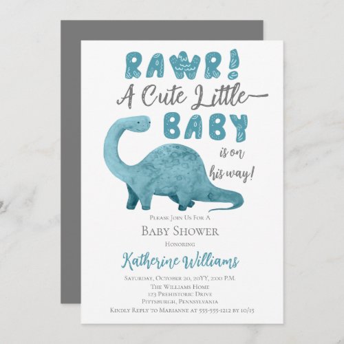 Rawr Blue Dinosaur QR Code Baby Shower Invitation