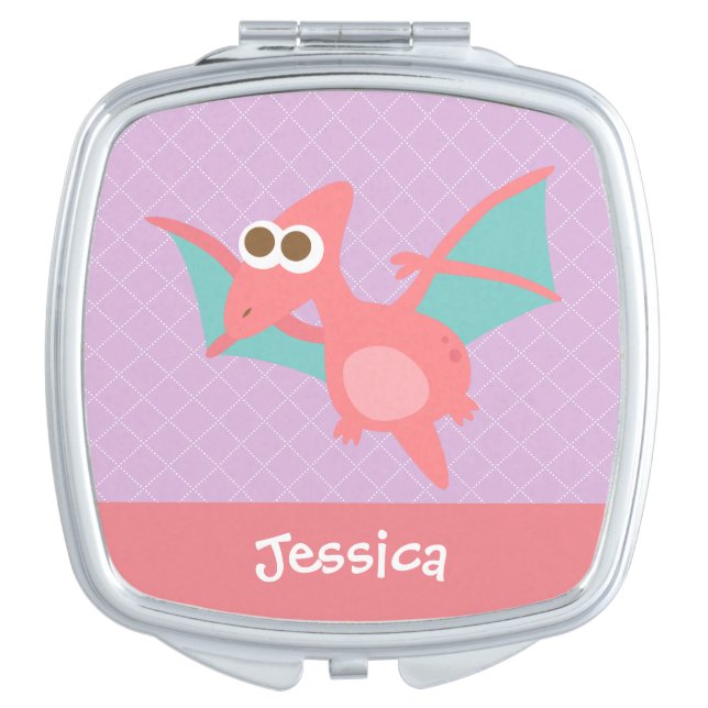 Rawr, Cute Pink Pterodactyl dinosaur For Kids Mirror For Makeup (Front)