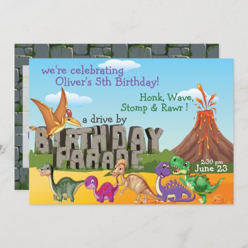 Rawr Dino DriveBy Happy Birthday Parade Invitation
