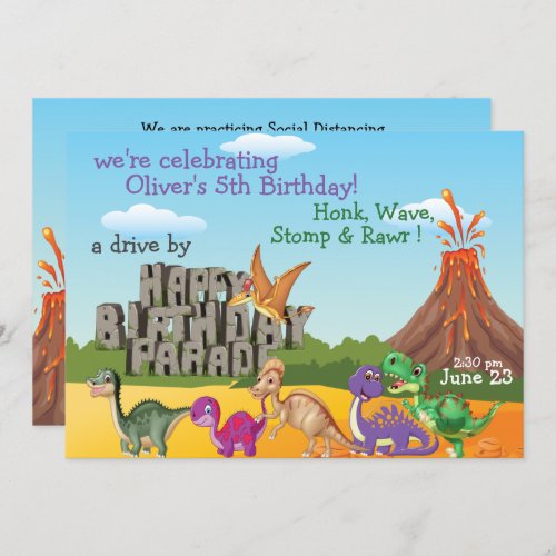 Rawr Dino DriveBy Happy Birthday Parade Invitation