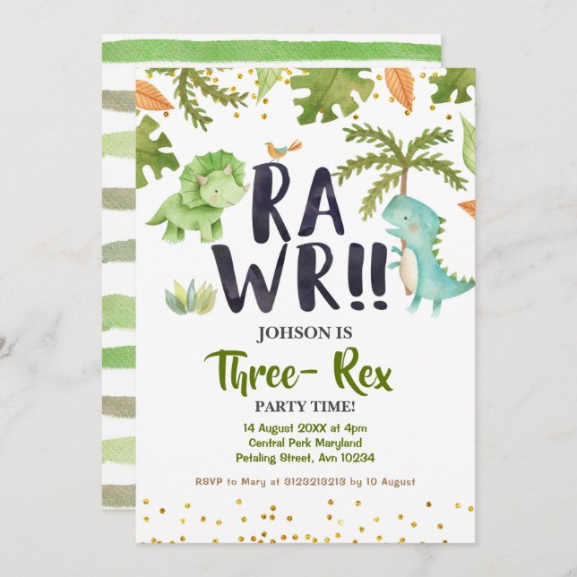 Rawr Dinosaur Birthday invitation (Front/Back)