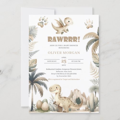 Rawr gender neutral dinosaur baby shower invite