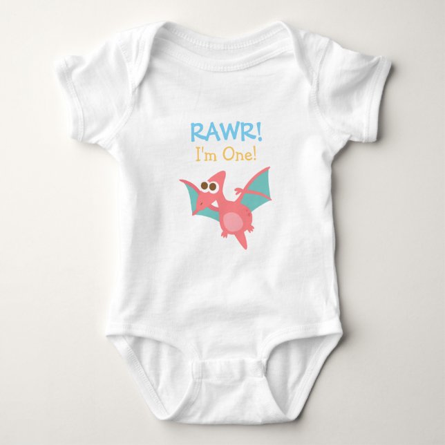 Rawr, I am One, Cute Pink Dinosaur for Babies Baby Bodysuit (Front)