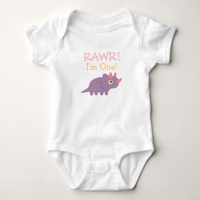 Rawr, I am One, Cute Purple Triceratops Dinosaur Baby Bodysuit (Front)