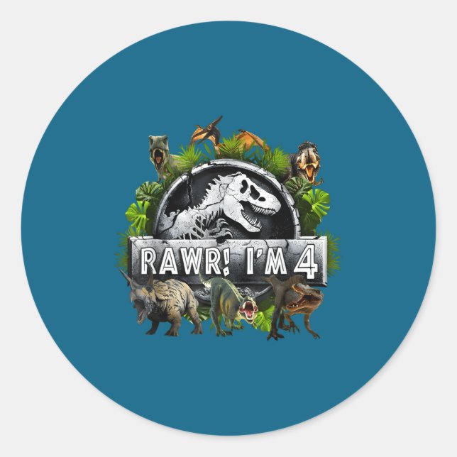 Rawr I'm 4 4th Birthday T Rex Dinosaur Funny Party Classic Round Sticker (Front)