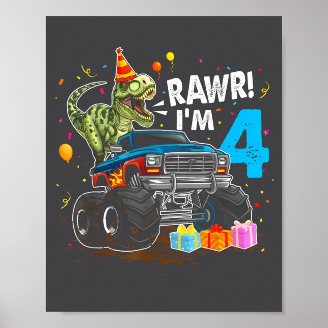 Rawr I'm 4 4th Birthday T Rex Dinosaur Funny Party Poster (Front)