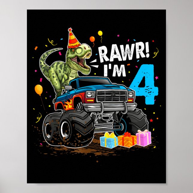 Rawr I'm 4 4th Birthday T Rex Dinosaur Funny Party Poster (Front)