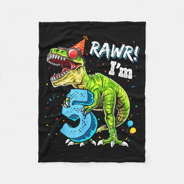 Rawr I'm 5 5th Birthday T Rex Dinosaur Funny Party Fleece Blanket (Front)