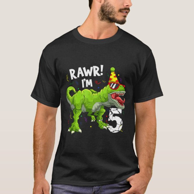 Rawr I'm 5 5th Birthday T Rex Dinosaur Funny Party T-Shirt (Front)