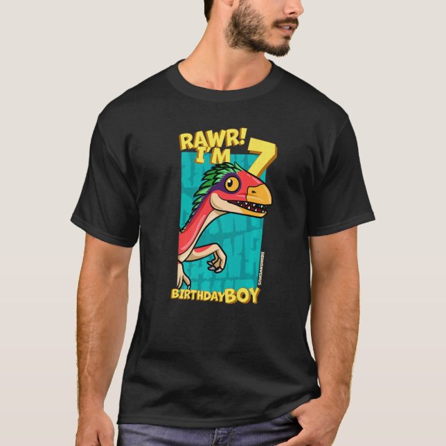Rawr I'm 7 Birthday Boys 7th Birthday Dino Deinony T-Shirt (Front)