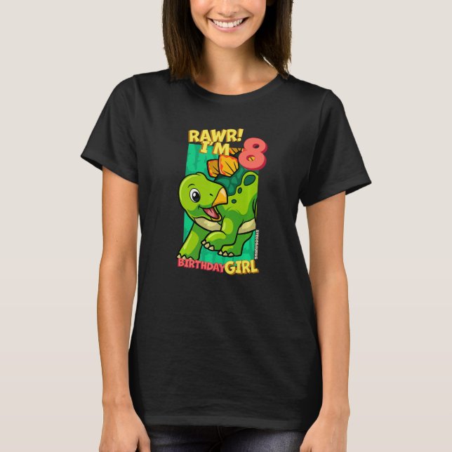 Rawr I'm 8 Birthday Girls 8th Birthday Dino Stegos T-Shirt (Front)