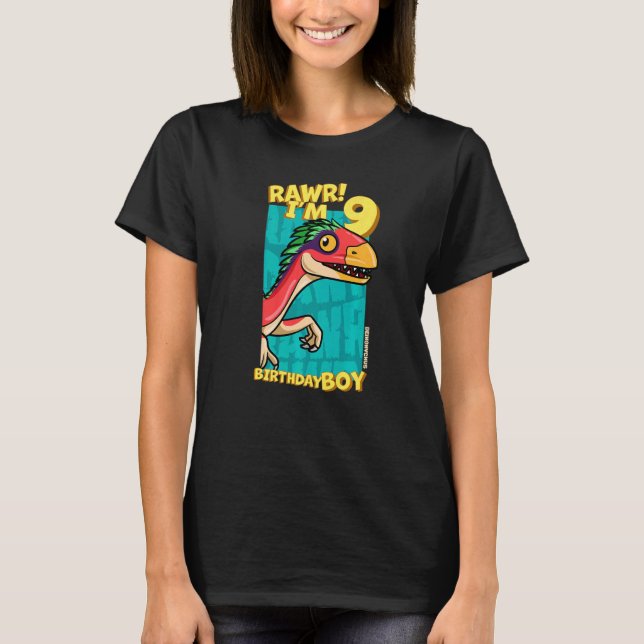 Rawr I'm 9 Birthday Boys 9th Birthday Dino Deinony T-Shirt (Front)