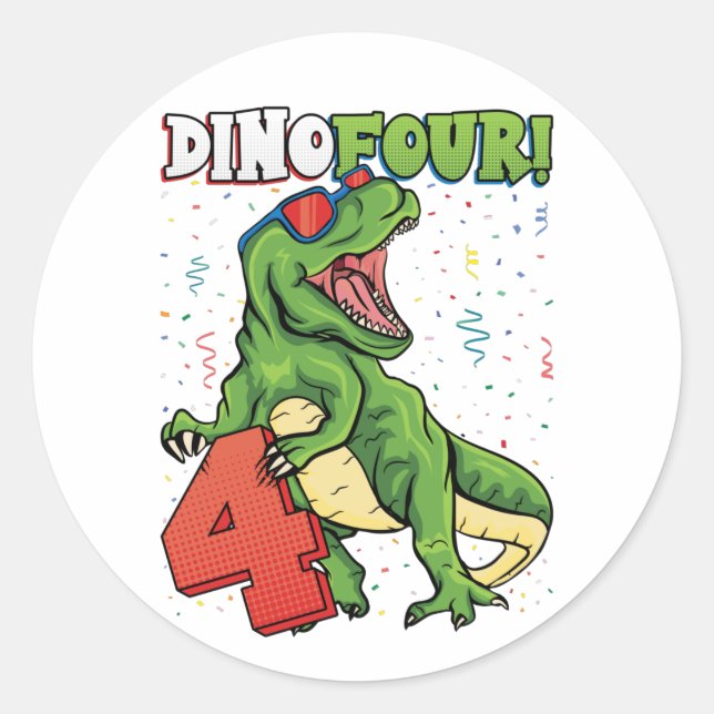 Rawr I'm a Dinofour 4th Birthday Dinosaur Classic  Round Sticker (Front)