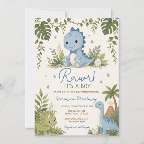 Rawr It's a Boy Cute Dinosaur Blue Bow Baby Shower Invitation