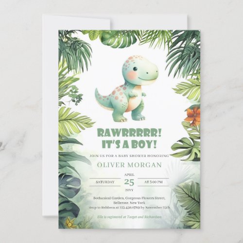 Rawr Its a boy dinosaur greenery baby shower Invitation