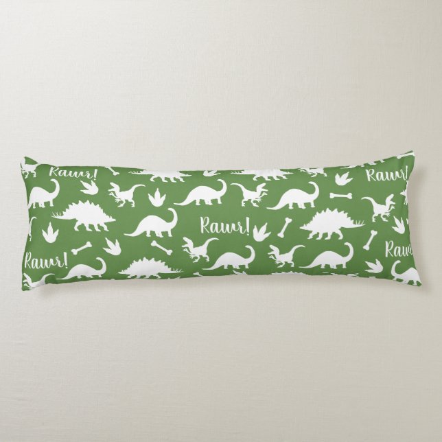 Rawr Modern White Dinosaur Silhouettes Body Pillow (Back)