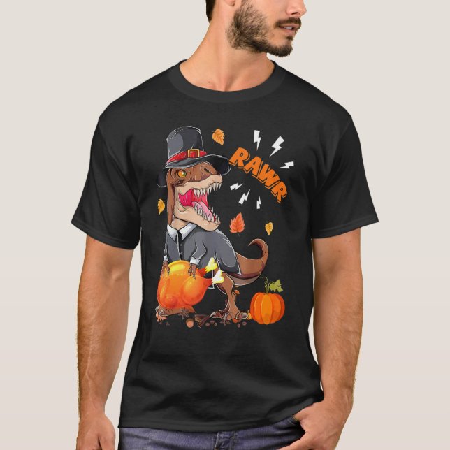 Rawr Pilgrim Rex With Turkey Fall Vibes Happy Than T-Shirt (Front)