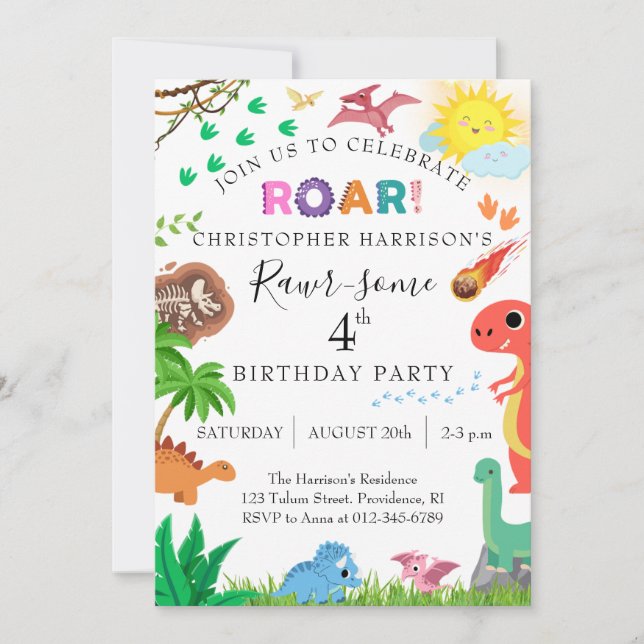 Rawr-some Dinosaur 4th Birthday Party Invitation (Front)