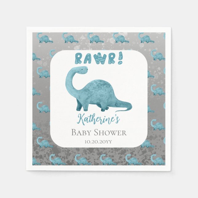 Rawr Teal Blue Dinosaur Boy Baby Shower  Napkins (Front)