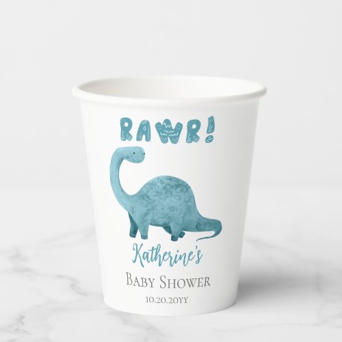 Rawr Teal Blue Dinosaur Boy Baby Shower Paper Cups