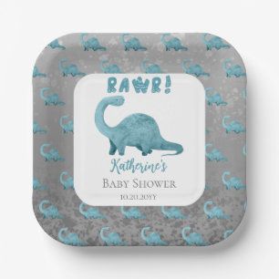 Rawr Teal Blue Dinosaur Boy Baby Shower Paper Plates