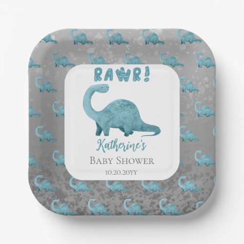 Rawr Teal Blue Dinosaur Boy Baby Shower  Paper Plates