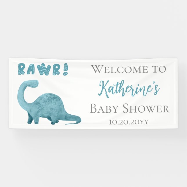 Rawr Teal Blue Dinosaur Boy Baby Shower Welcome Banner (Horizontal)