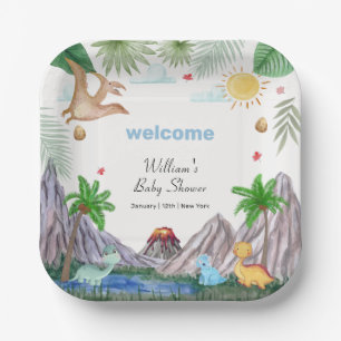 Rawr Volcano Mountain Forest Dinosaur Baby Shower Paper Plates