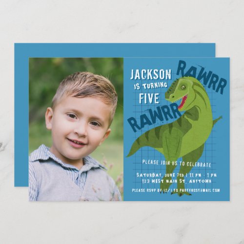 RAWRR Dinosaur Boys Kids Blue Birthday Party Photo Invitation