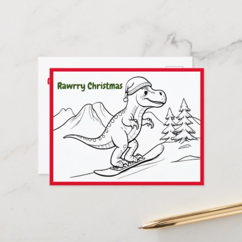 Rawrry christmas T_rex riding snowboard Postcard