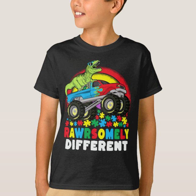 Rawrsomely Different T Rex Monster Truck Autism  T-Shirt (Front)