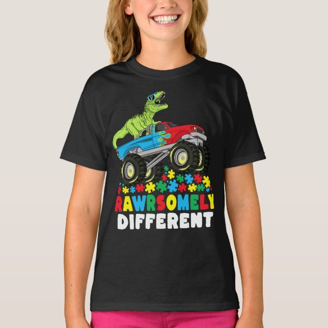 Rawrsomely Different T Rex Monster Truck Autism T-Shirt (Front)