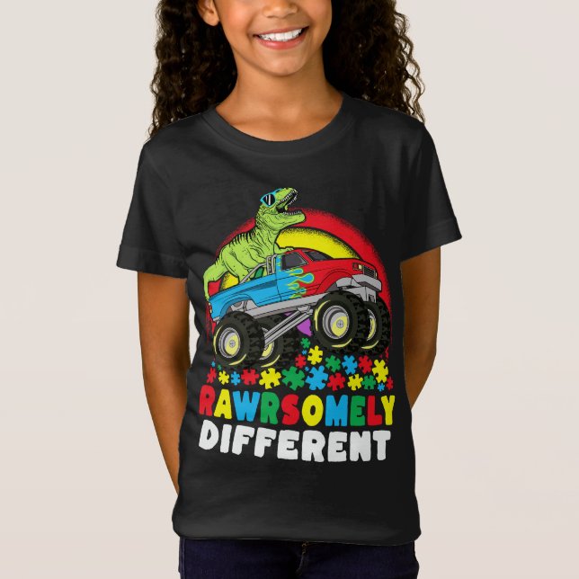 Rawrsomely Different T Rex Monster Truck Autism  T-Shirt (Front)
