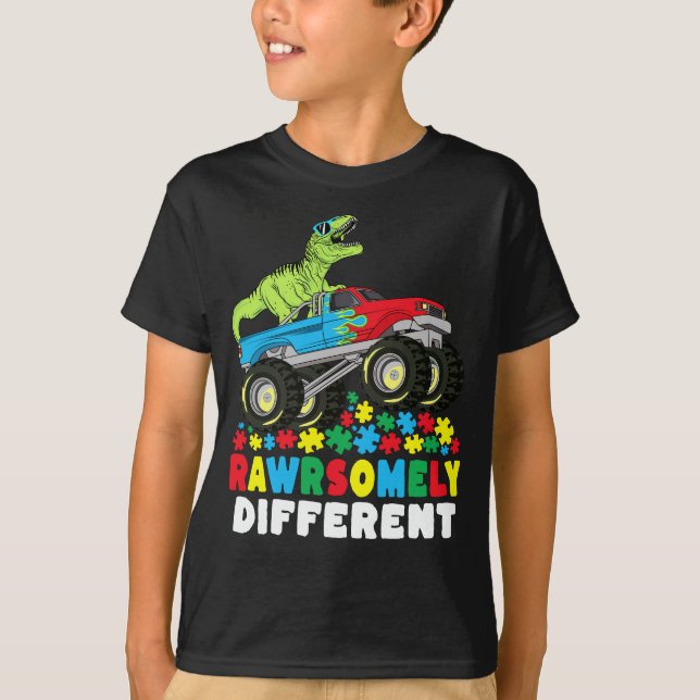 Rawrsomely Different T Rex Monster Truck Autism T-Shirt (Front)