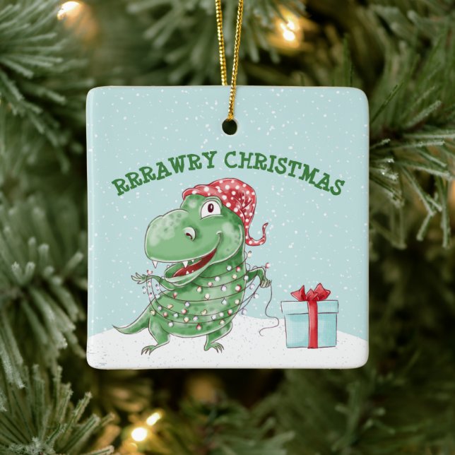 Rawry Christmas Silly Dinosaur Holiday Ceramic Ornament (Tree)