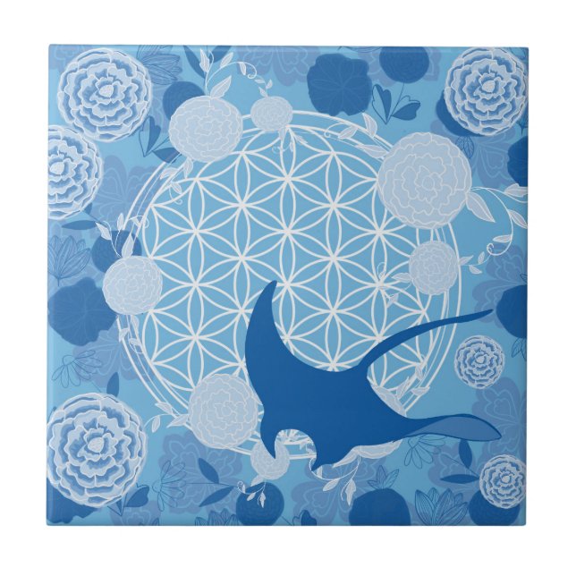 ray,flower of life, blue, mandala,zen,chakra,patte ceramic tile (Front)
