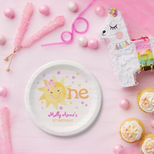 Ray of Sunshine 1st Birthday Girl Pink Yellow Paper Plates (Party)