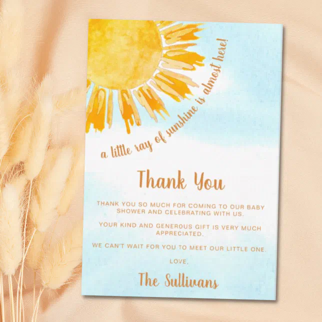 Ray of Sunshine Baby Shower Thank You Card | Zazzle