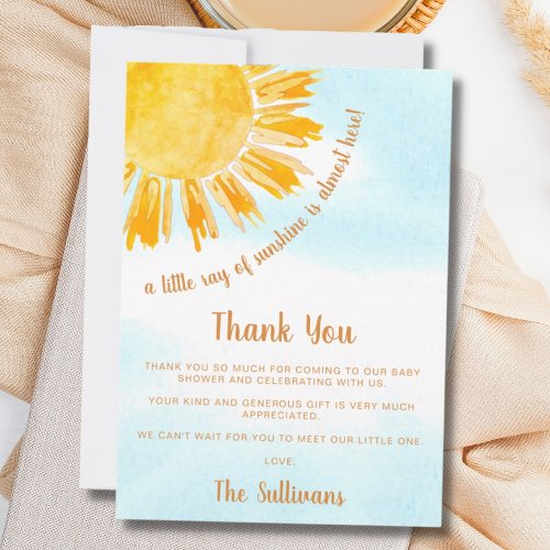 Ray of Sunshine Blue Sky Baby Shower  Thank You Card