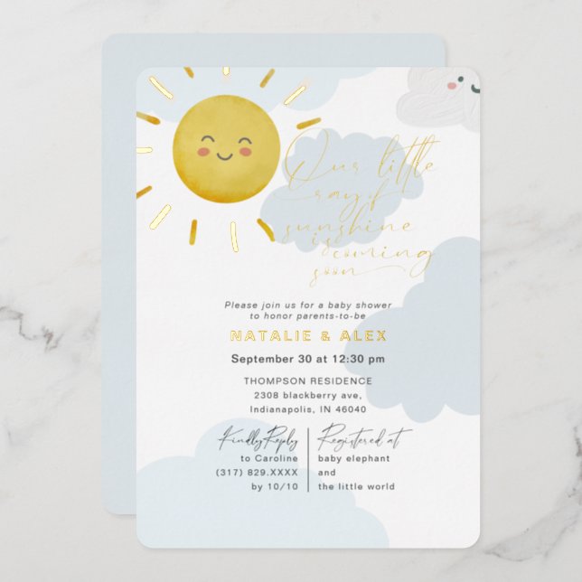 Ray of Sunshine Clouds Boy Baby Shower Foil Invitation (Front/Back)