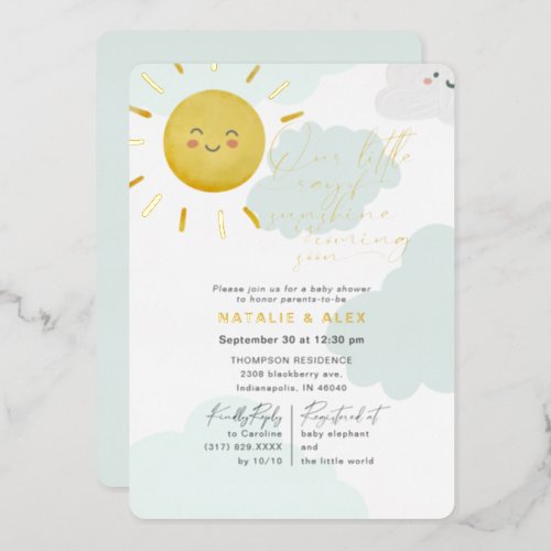 Ray of Sunshine Clouds Gender Neutral Baby Shower Foil Invitation