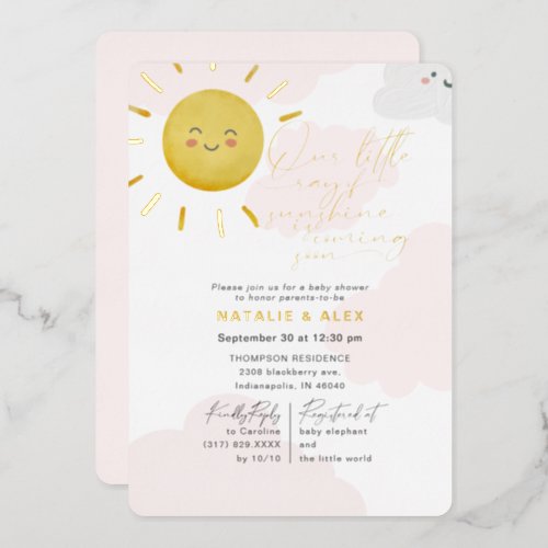 Ray of Sunshine Clouds Girl Baby Shower  Foil Invitation