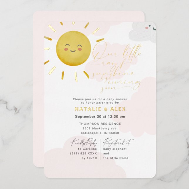 Ray of Sunshine Clouds Girl Baby Shower  Foil Invitation (Front/Back)