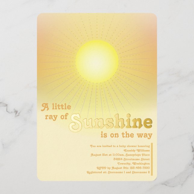 Ray of Sunshine Gold Sun Baby Shower Foil Invitation (Front)