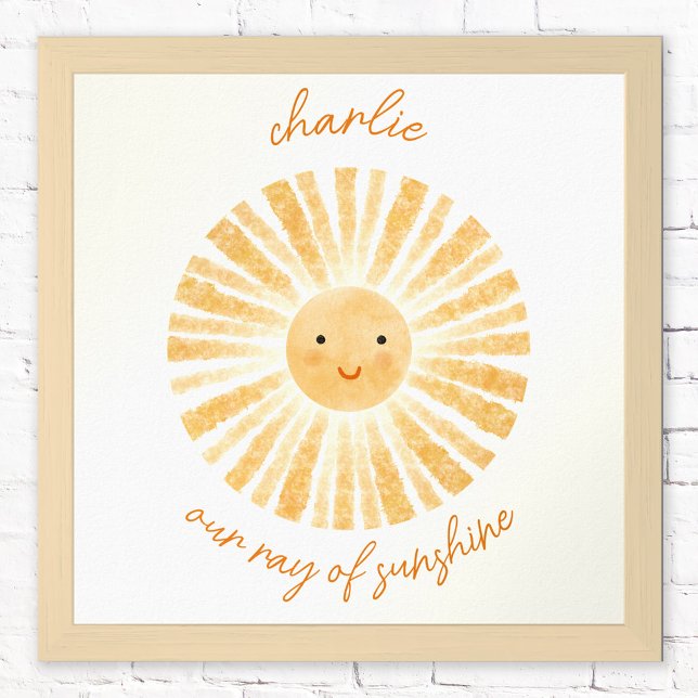 Ray of Sunshine Personalized Nursery Decor Poster (Our ray of sunshine personalized custom text happy watercolor sun poster for nursery decor)